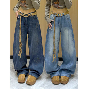 设计感重工烫钻钉珠牛仔裤女2026春季新款宽松显瘦时尚阔腿长裤