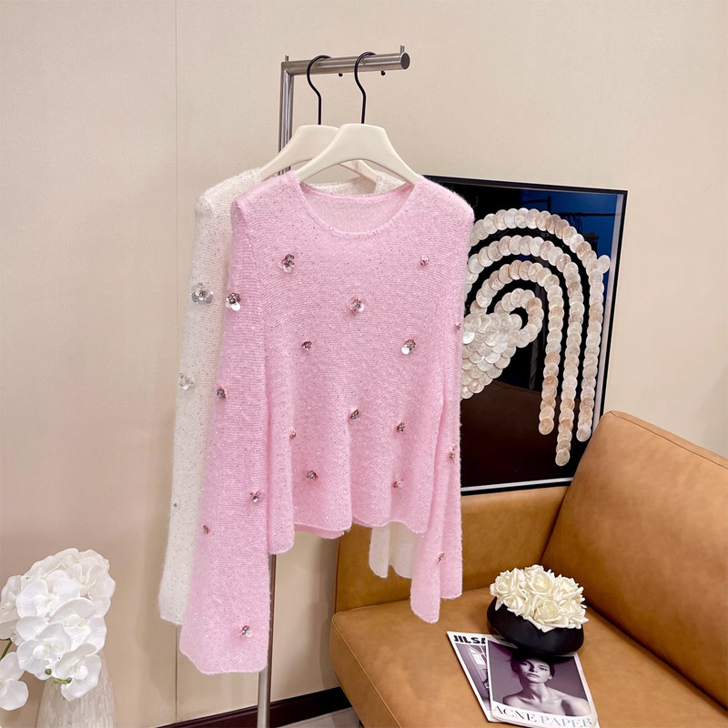高级感超好看软糯慵懒风亮片毛衣2026新款长袖薄款粉色针织衫,女装/女士精品,毛针织衫,淘宝优惠券,粉丝福利购,淘宝优惠卷