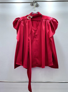 2025欧美宫廷风V领单排扣飘带泡泡袖长袖大红色雪纺衬衫上衣女
