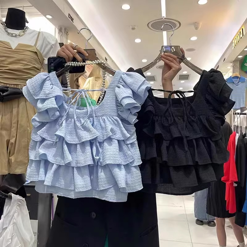 直筒法式套头无袖雪纺荷叶边衬衫