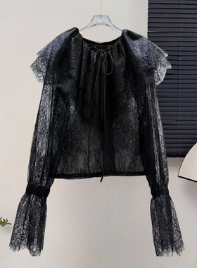 网红同款20252秋季新款法式名媛V领荷叶领边微透设计蕾丝衫小衫女