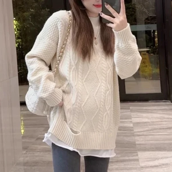 2025秋冬新款法式气质中长款长袖套头针织毛衣女宽松显瘦打底上衣