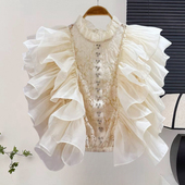 新款 蕾丝衫 法式 重工镶钻荷叶边拼接镂空立领飞飞袖 女上衣 时尚 夏季