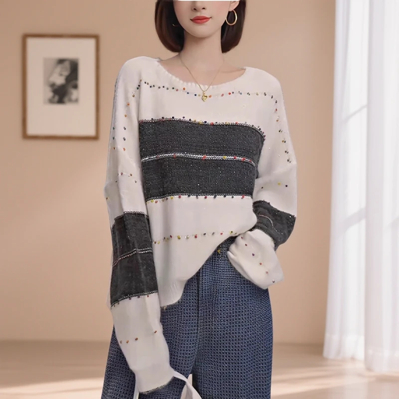 休闲时尚百搭白色条纹毛衣女