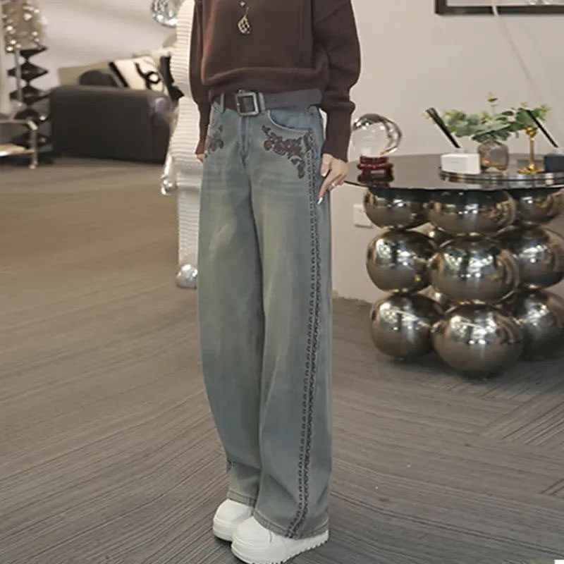 2026春装新品欧货个性侧边刺绣牛仔长裤女高腰显瘦宽松弯刀阔腿裤,女装/女士精品,牛仔裤,淘宝优惠券,粉丝福利购,淘宝优惠卷