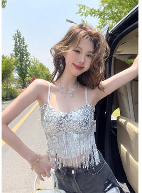 辣妹性感流苏拼接亮片背心小吊带
