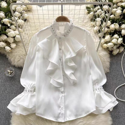 宽松设计感长袖雪纺镶钻钉珠衬衣