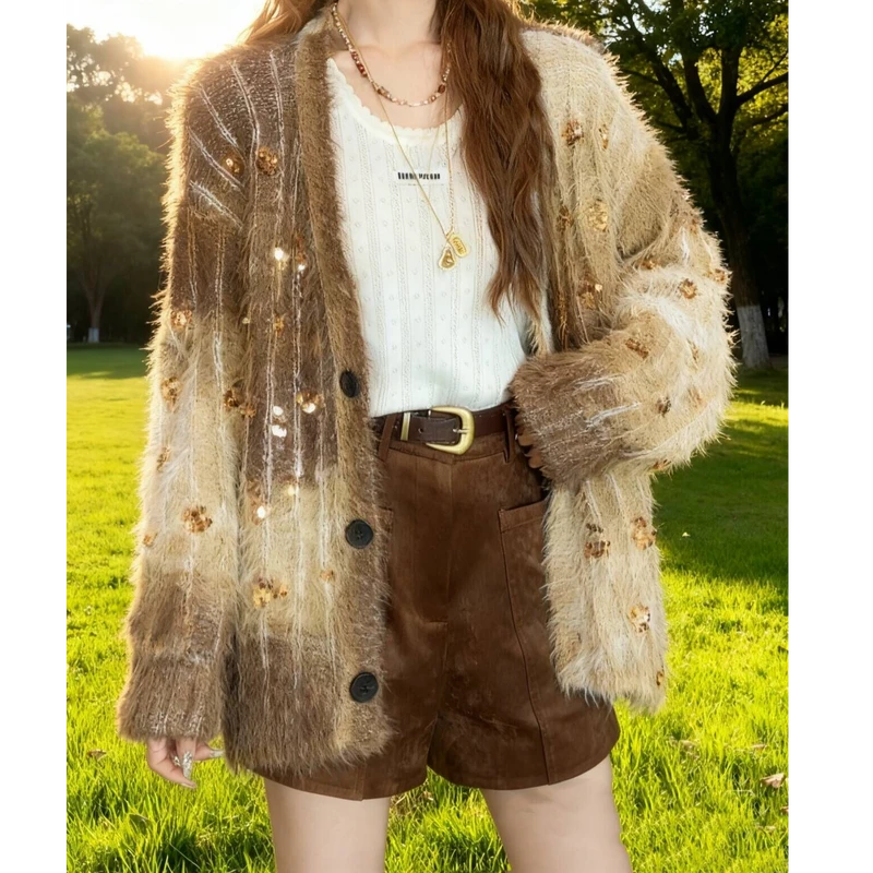 气质毛绒绒亮片开衫毛衣外套女