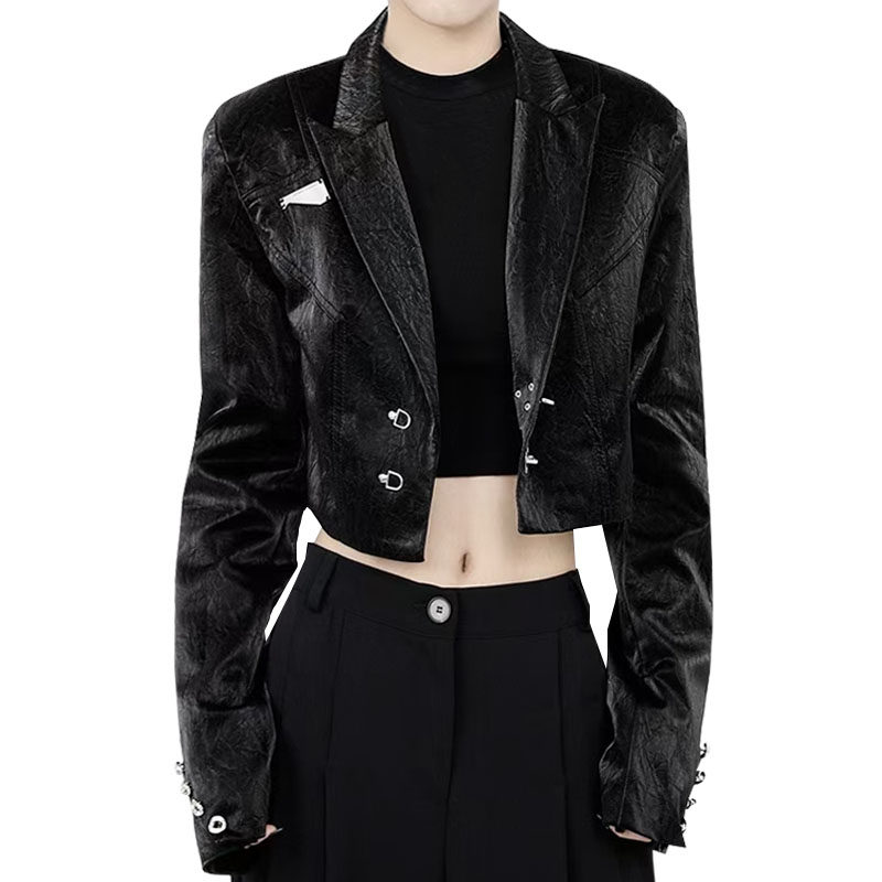 网红同款2026春季新款炸街款金属扣锡纸褶皱小短款PU皮衣夹克外套,女装/女士精品,短外套,淘宝优惠券,粉丝福利购,淘宝优惠卷