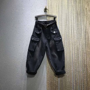 大口袋牛仔老爹哈伦垮裤 休闲工装 女潮 高腰显瘦宽松大码 欧洲站秋季