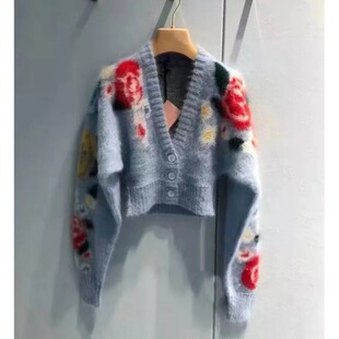 外穿短款 2026春季 v领长袖 花朵马海毛针织开衫 复古上衣毛衣女 新款