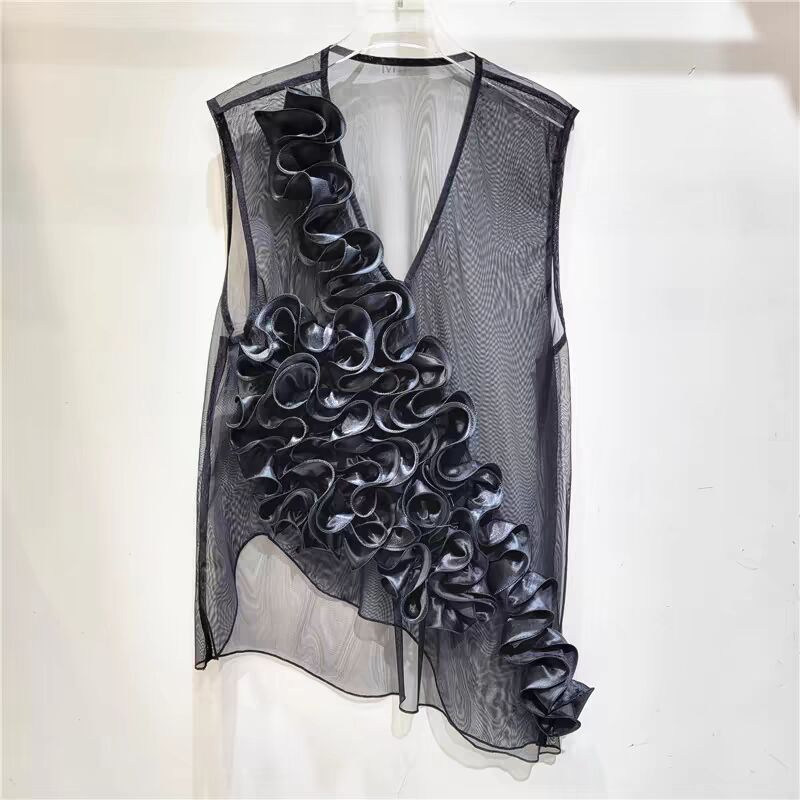 套头设计感常规V领立体花朵马甲