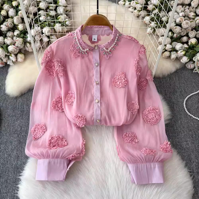 钉珠镶钻小众重工钉珠花瓣衬衫