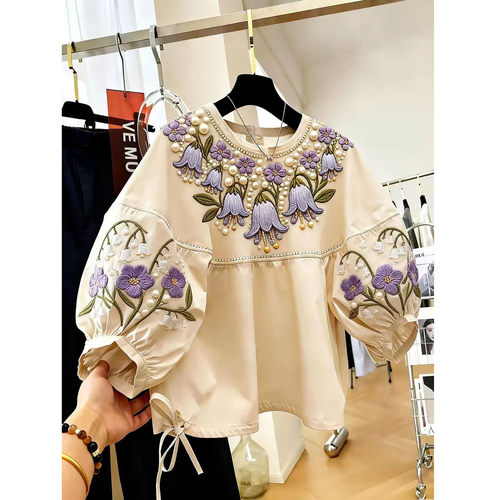 上衣轻奢时尚钉珠花朵高级感女装