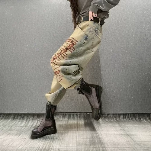 牛仔裤宽松破洞字母哈伦垮裤女