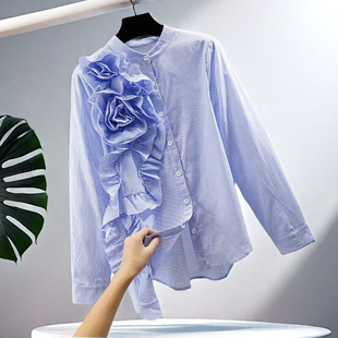 衬衣潮 设计感小众气质长袖 不规则立体花朵盘花拼接衬衫 女2026春季