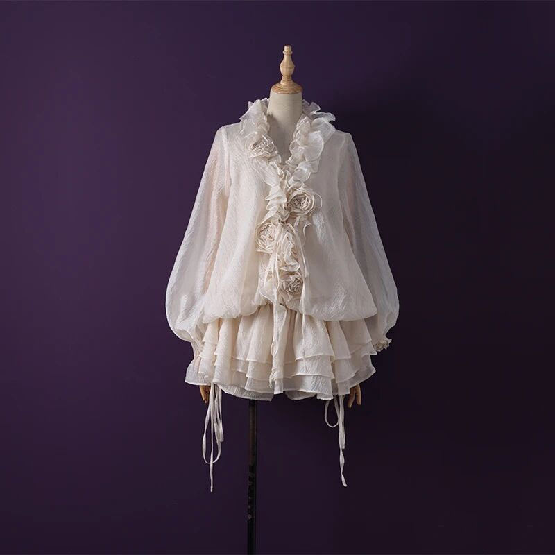 越南小众设计纯欲风性感微透立体花朵系带抽绳灯笼袖荷叶边连衣裙