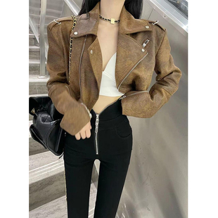 美拉德穿搭机车风短款 早春小个子皮夹克上衣 皮衣女外套2026新款