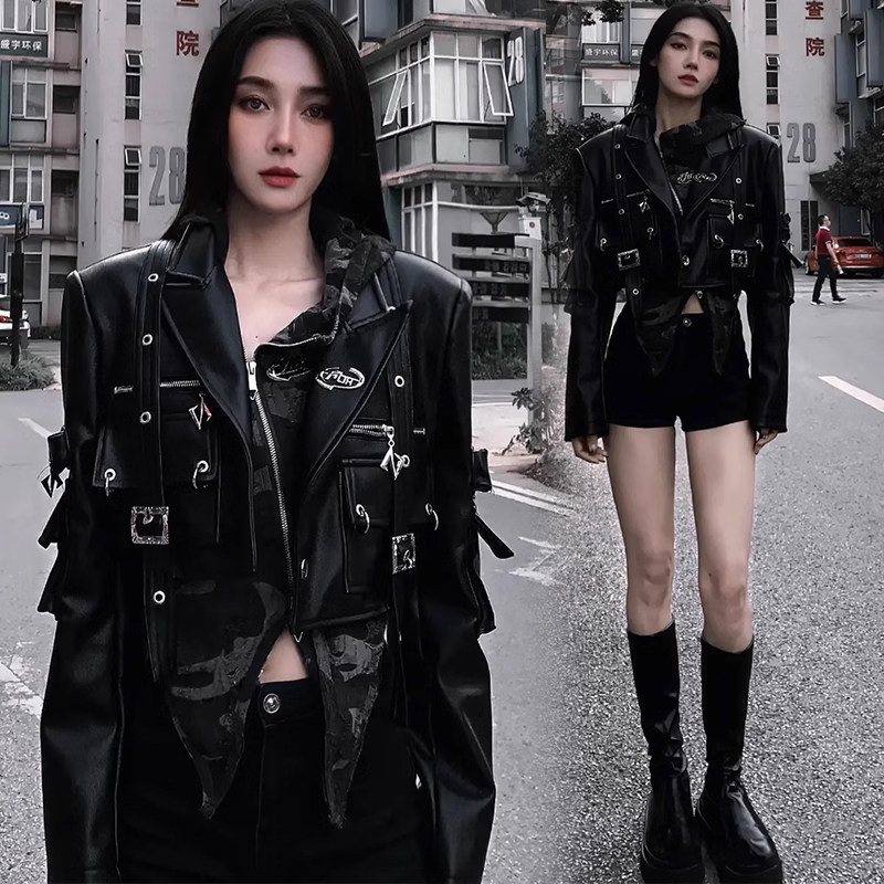 辣妹酷飒工装多拉链PU皮衣外套女春款炸街短外套138元