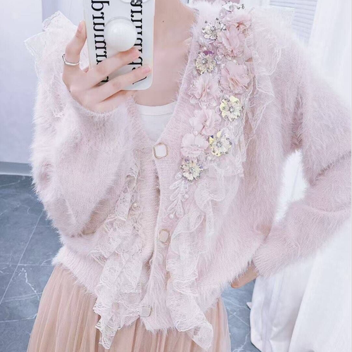 荷叶边镶钻水貂绒针织毛衣外套