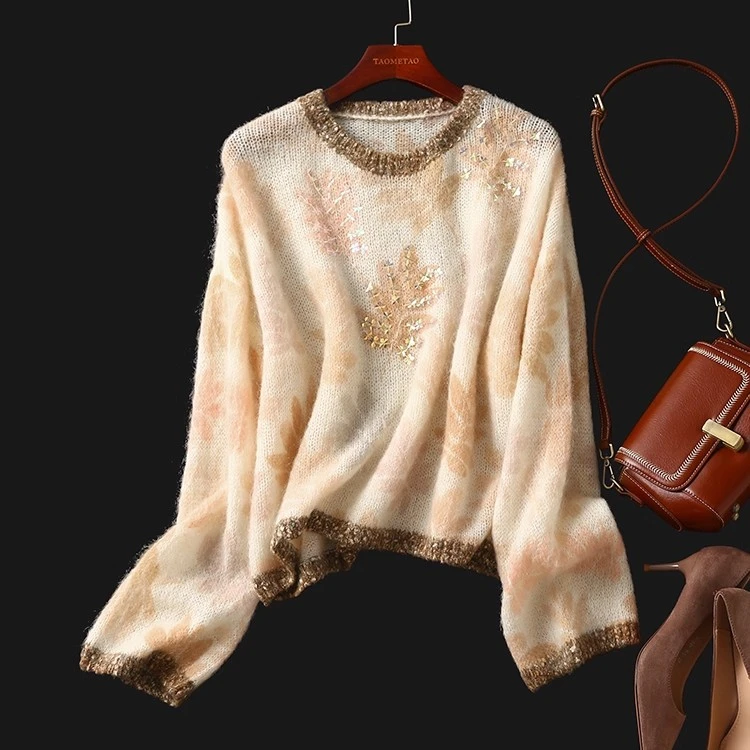 枫叶亮片钉珠马海毛宽松针织衫