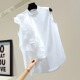 韩版 女2026夏装 宽松设计感小众上衣潮 立领衬衫 荷叶边拼接条纹无袖