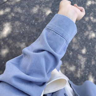 100%纯棉雾霾蓝色衬衫女上衣小个子2025春秋长袖衬衣宽松百搭外套