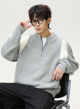 撞色拼接保暖加厚中领毛衣秋冬款仿鹿毛绒半拉链肌理针织衫外套暖