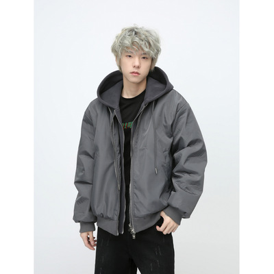 韩版连帽加厚宽松假两件男棉服