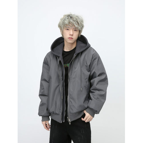 韩版连帽加厚宽松假两件男棉服