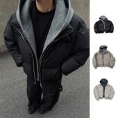 连帽PU棉衣男冬季 假两件棉服男痞帅加厚休闲外套男士 2026新款 韩版