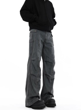 褶皱工装牛仔裤男直筒宽松阔腿美式高街裤子潮流百搭伞兵休闲痞帅