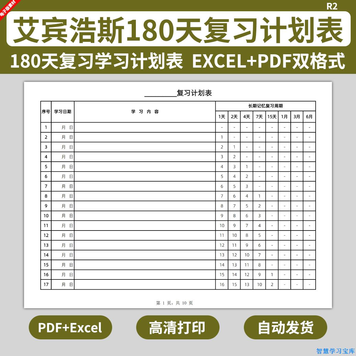 艾宾浩斯英语考研电子版180天复习学习计划表模板遗忘曲线记忆法