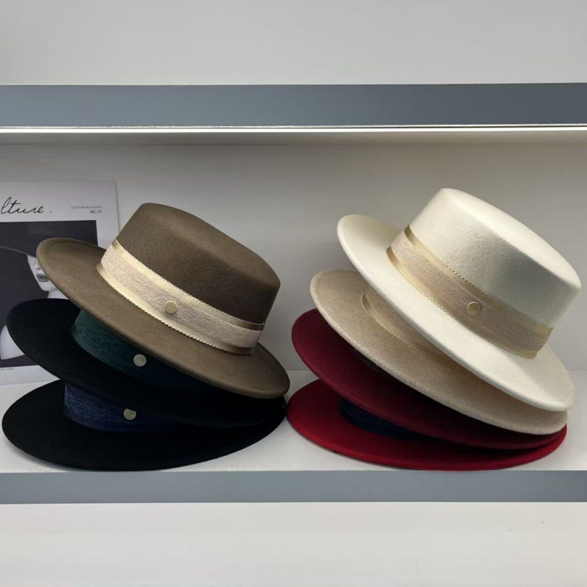 欧洲风英伦澳洲羊毛平顶帽秋冬时尚百搭小沿纯羊毛礼帽出游逛街潮