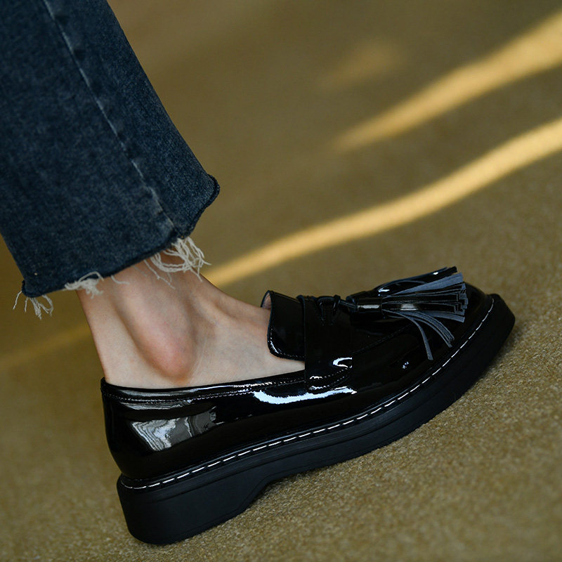 仙美迪松糕底女鞋流苏单鞋女深口平跟厚底乐福鞋秋季