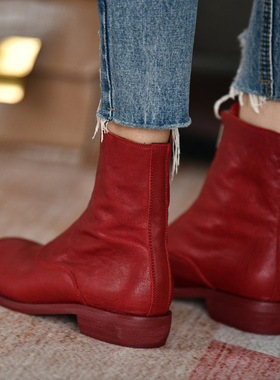 仙美迪 平底马丁G靴女红色平跟及裸靴圆头短靴女2020秋冬新款单靴