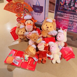 香港迪士尼2026新春噗噗跳跳虎皮杰猪钥匙扣马年小豆挂件