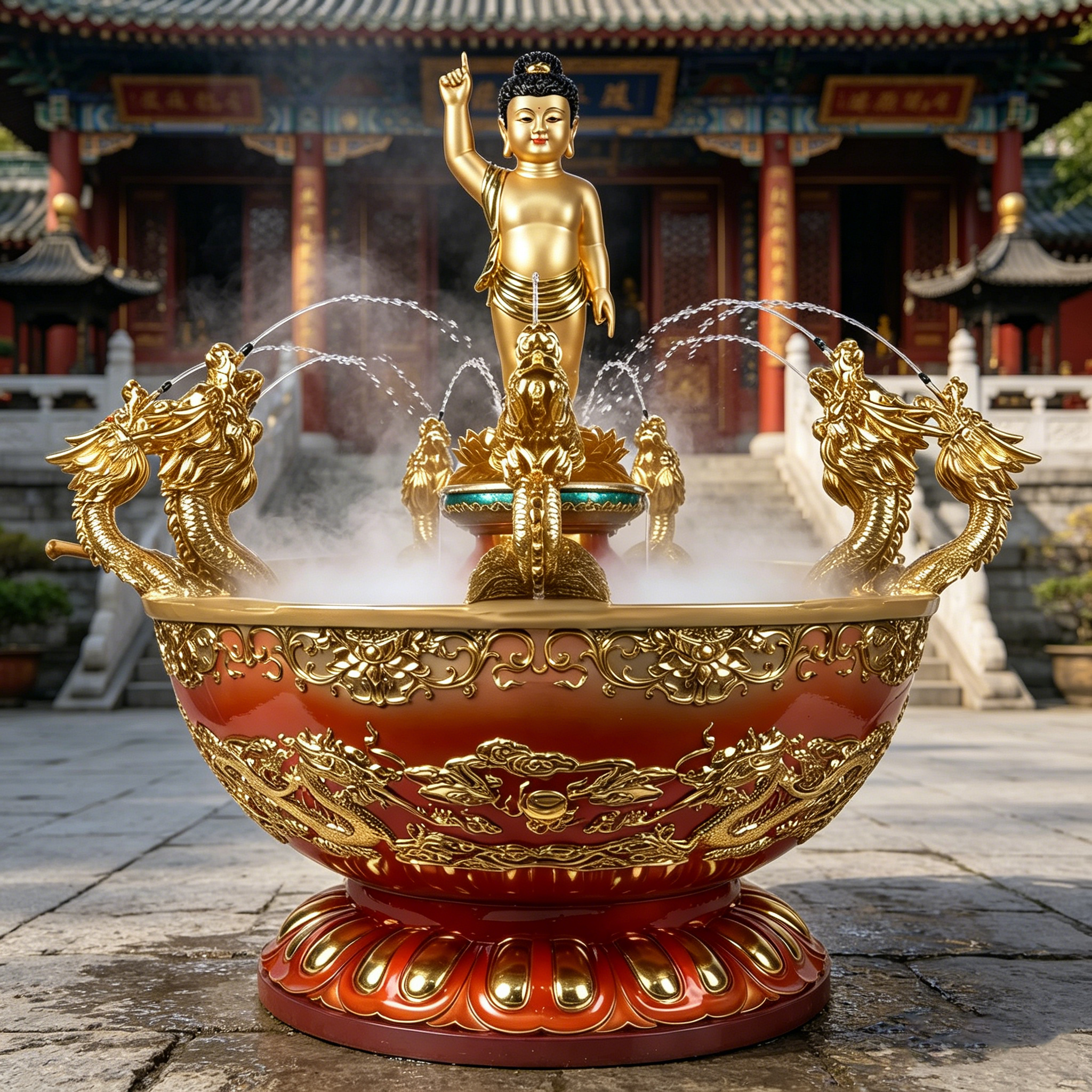 树脂彩绘浴佛盆九龙喷水太子佛浴佛像浴佛节用家里寺院浴佛勺摆件