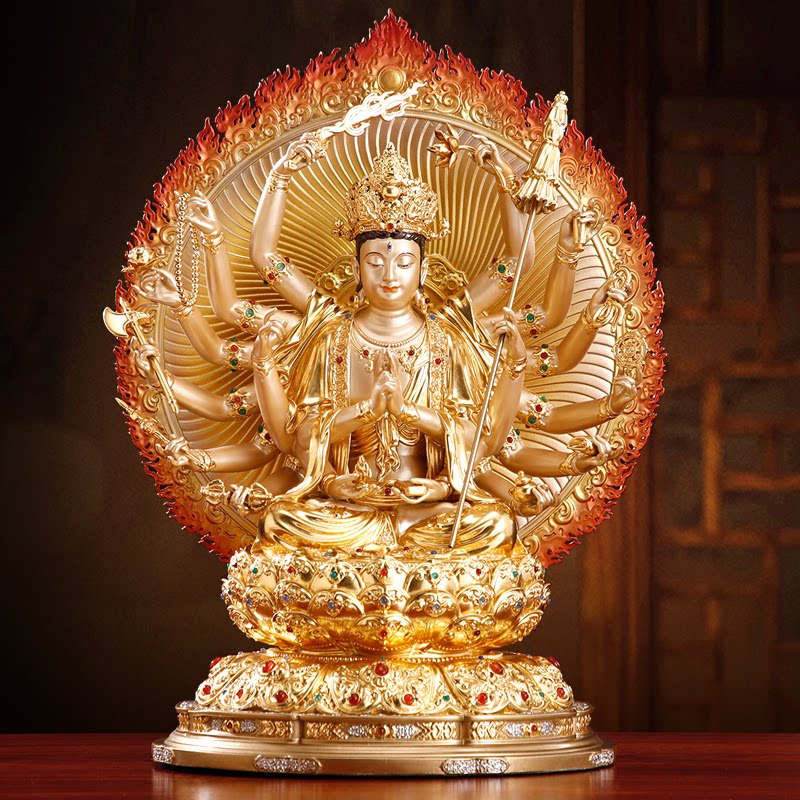 纯铜贴金镶宝准提菩萨佛像供奉家用掐丝珐琅准提佛母坐像客厅摆件