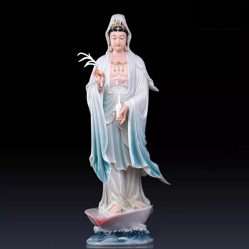 汉白玉南海滴水观音佛像供奉家用玄关摆件一叶渡江海上观世音佛像