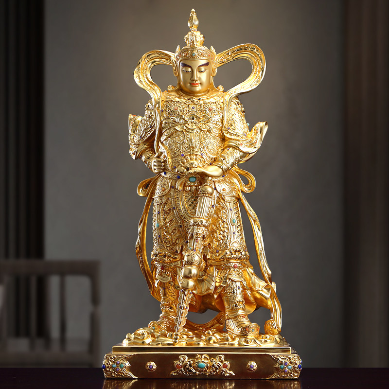 纯铜彩绘伽蓝韦陀菩萨左右护法佛像武财神爷关公韦驮家用佛堂摆件