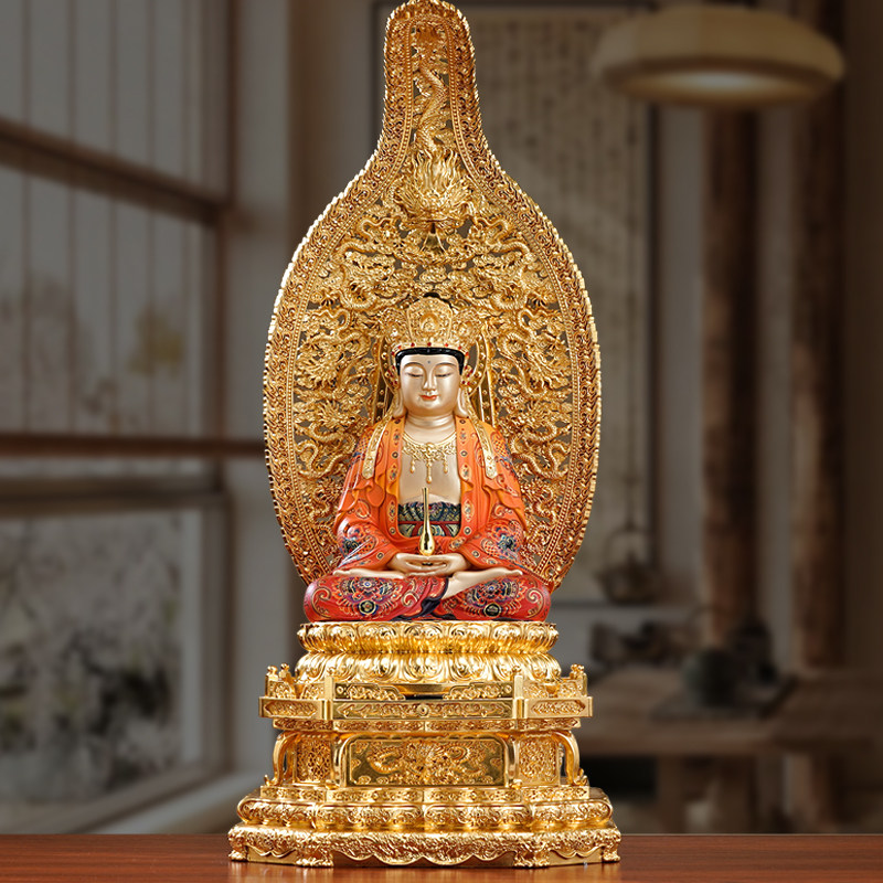 台湾纯铜观音菩萨佛像家用彩绘毗卢观音金刚座贴金观世音佛像坐像