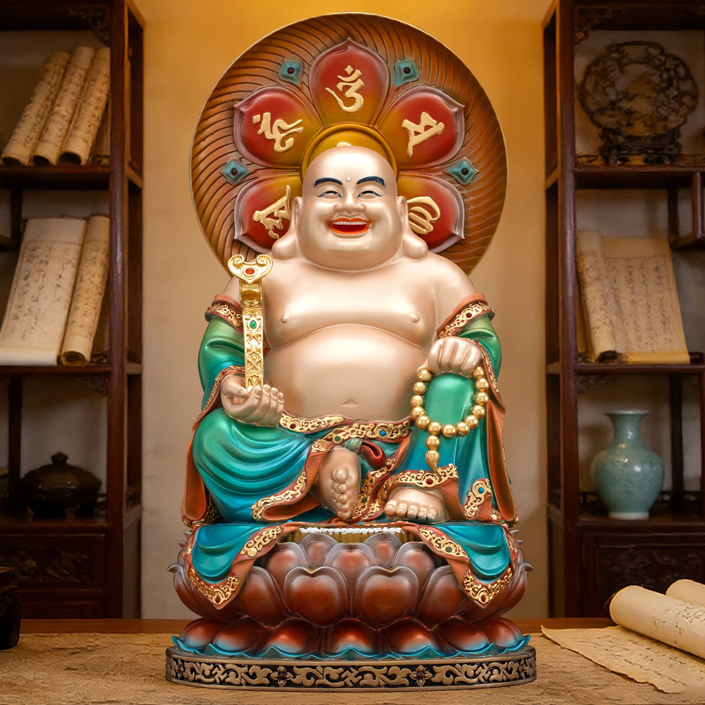 台湾纯铜彩绘弥勒佛菩萨家用供奉大肚开心笑佛像布袋和尚招财摆件