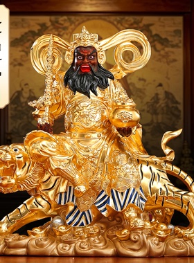 纯铜贴金骑虎赵公明神像招财摆件