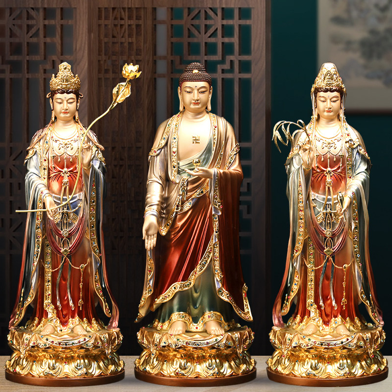 西方三圣纯铜手工彩绘阿弥陀佛像