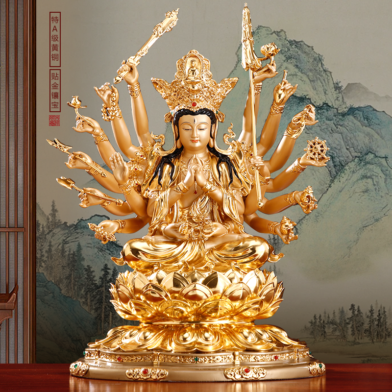 台湾纯铜贴金准提菩萨手工镶宝准提佛母摆件佛堂供奉准提密宗佛像