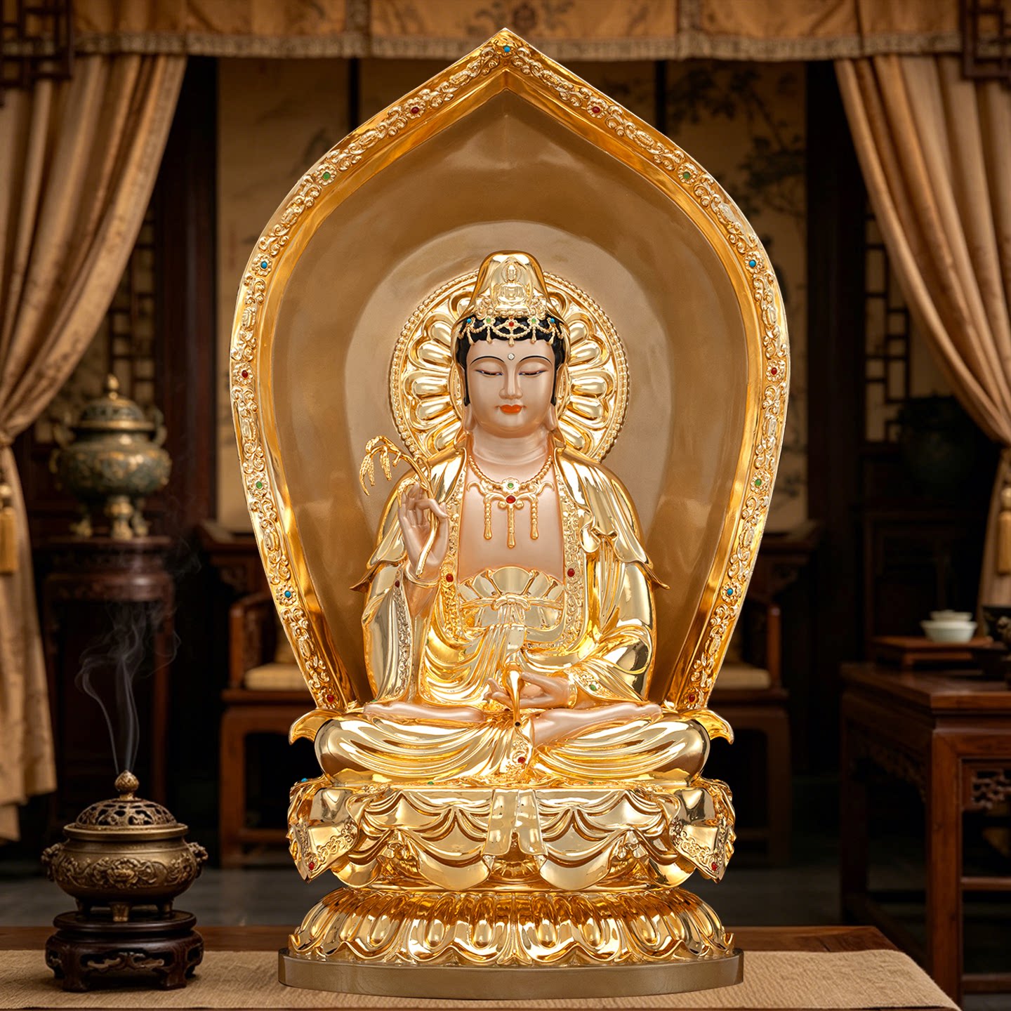 台湾纯铜鎏金观音菩萨佛像释迦牟尼佛地藏王菩萨弥勒佛全堂佛摆件