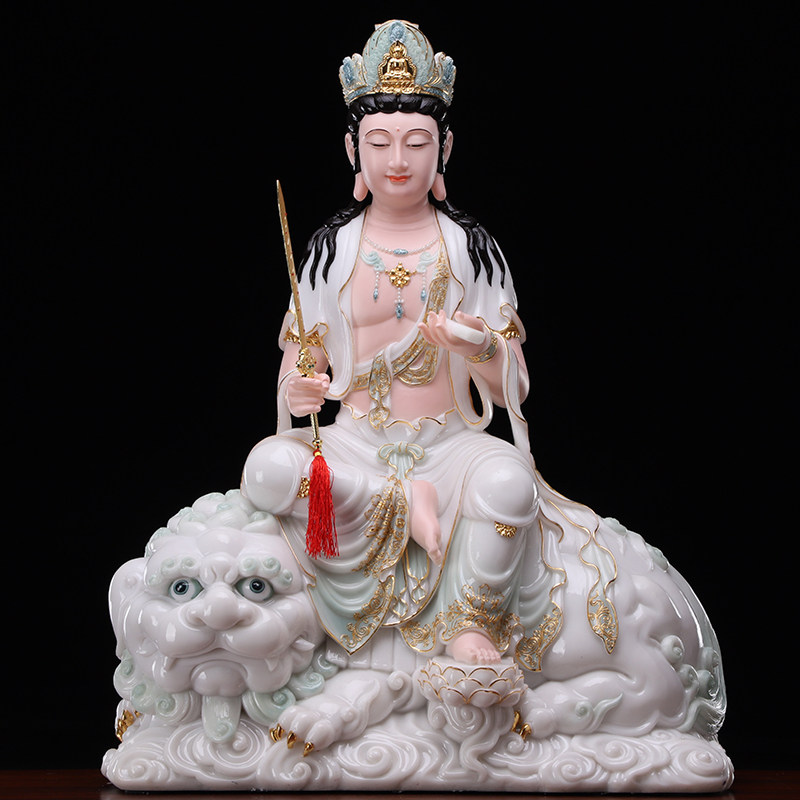 汉白玉文殊菩萨佛像居家供奉大智文殊师利菩萨釉上彩华严三圣大号