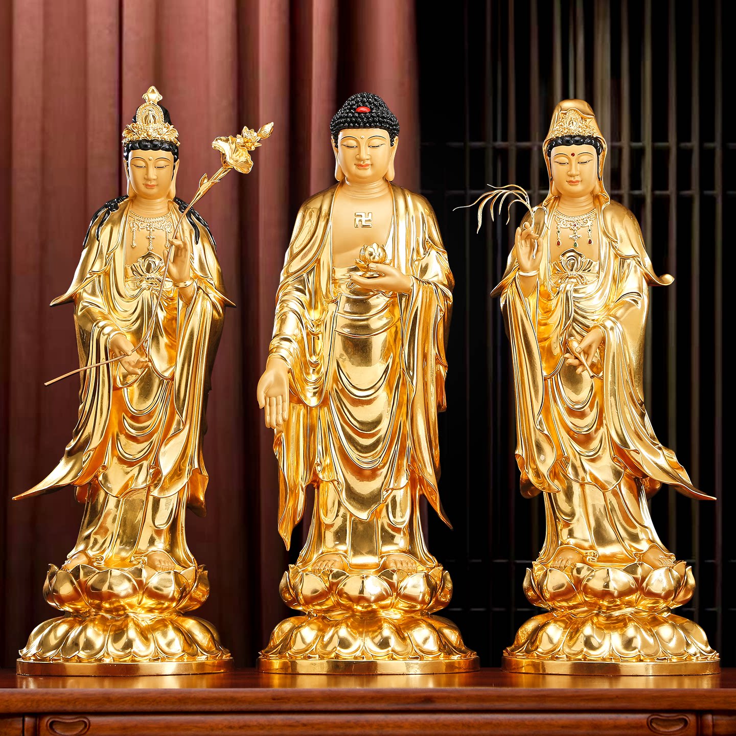 台湾纯铜贴金西方三圣佛像家用供奉阿弥陀佛站像观音菩萨佛像摆件