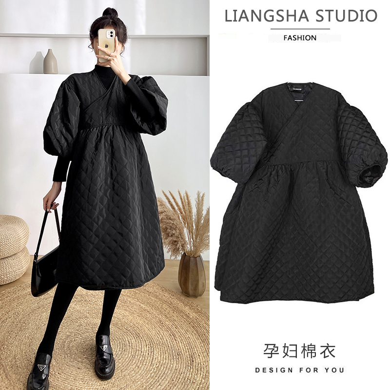 实拍现货 秋冬韩版过膝棉服娃娃装显瘦孕妇棉服外套